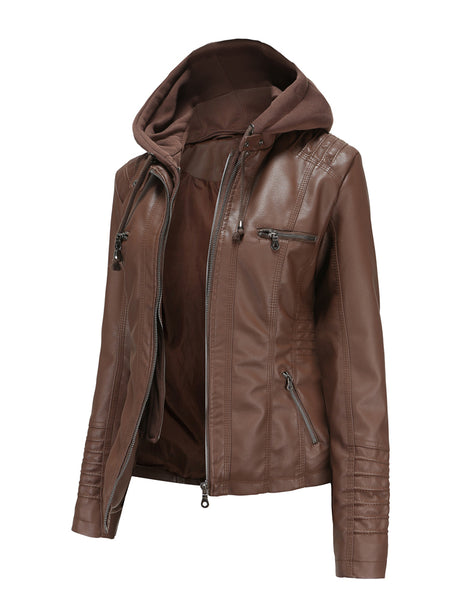 Women PU Faux Leather Ribbed Biker Jacket Hoodie