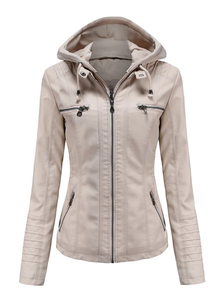 Women PU Faux Leather Ribbed Biker Jacket Hoodie