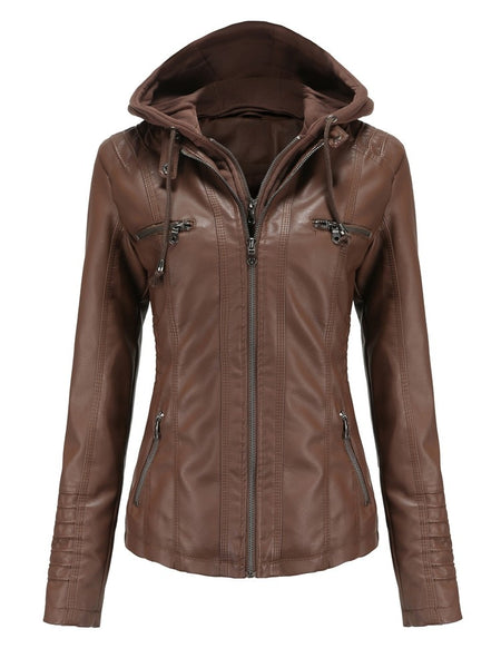 Women PU Faux Leather Ribbed Biker Jacket Hoodie