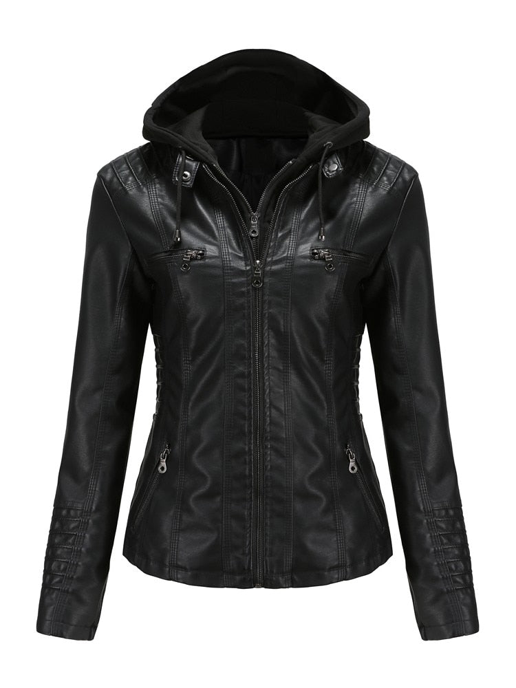 Women PU Faux Leather Ribbed Biker Jacket Hoodie