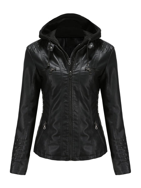 Women PU Faux Leather Ribbed Biker Jacket Hoodie