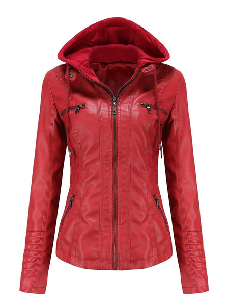 Women PU Faux Leather Ribbed Biker Jacket Hoodie