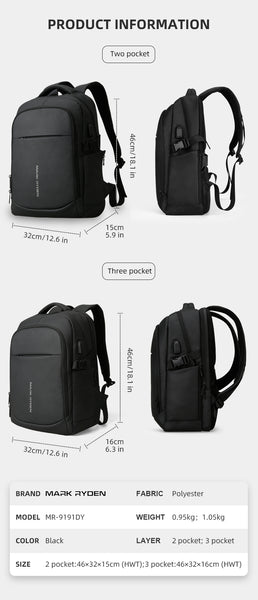 Mark Ryden MR-9191DY Multi-layer Pockets 15.6-inch Laptop Computer Backpack Waterproof