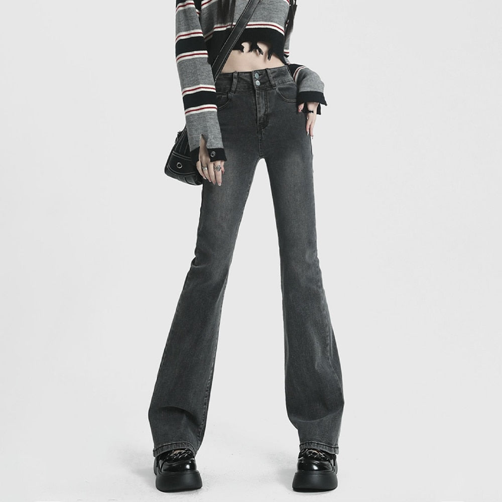 Women High Waist Jeans Flare Bottom Skinny Pants