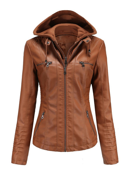 Women PU Faux Leather Ribbed Biker Jacket Hoodie