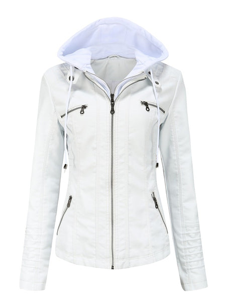 Women PU Faux Leather Ribbed Biker Jacket Hoodie