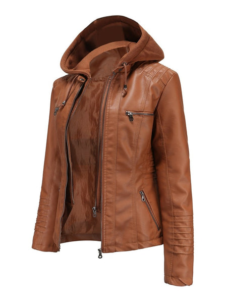 Women PU Faux Leather Ribbed Biker Jacket Hoodie