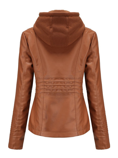 Women PU Faux Leather Ribbed Biker Jacket Hoodie