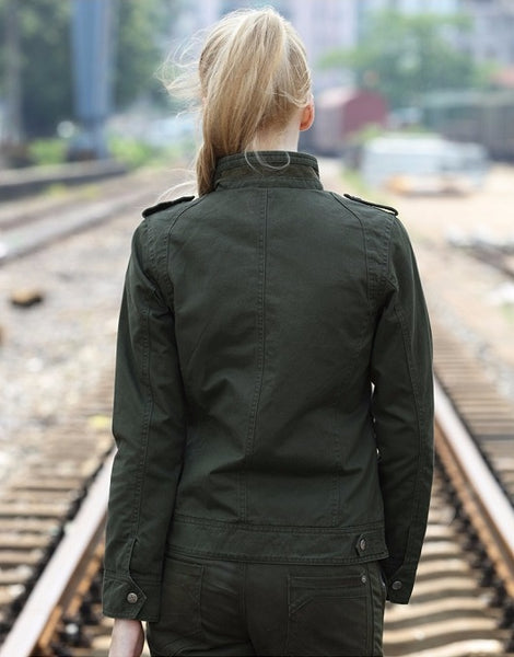 Women Military Stand Collar Slim Jacket