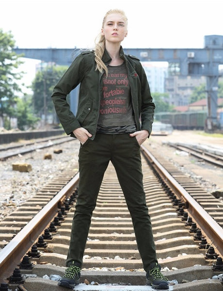 Women Military Stand Collar Slim Jacket